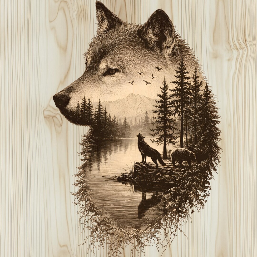 Wolf Double Exposure Engraving PNG | Forest Lake Wildlife Scene ...