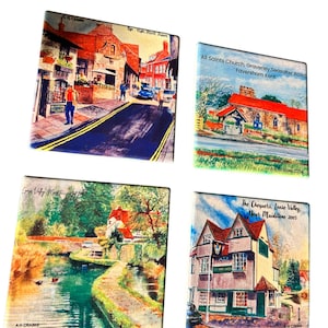 Kent Village Scenes in Watercolour on Ceramic Coasters, Set of 4 Southeast of England Original Painted Settings, Great Gift of Home Decor