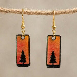 Hand-Painted Resin Pine Tree Earrings, Sunset Mountain Dangle Jewelry, Sterling Gold Ear Wires