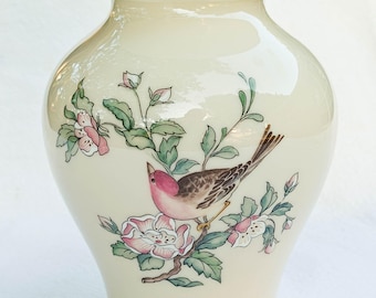 Vintage Lenox Ivory Porcelain Bird Vase Gold Trim Pink Floral Cottage Style 6 Inch