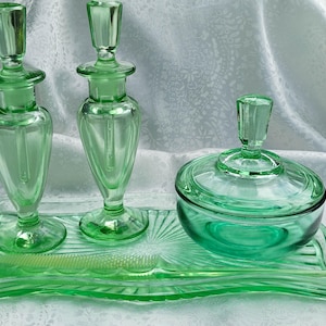 green glass dressing table set Green Glass Vanity Set