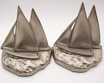 Vintage PM Craftsman Sailboat Bookends Pair Brushed Metal Nautical Coastal Decor 5 Inch