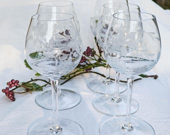 Vintage Etched Grape Vine Stemware Set, Clear Wine Glasses, Frosted Vineyard Pattern, 6 Oz Glasses, Set Of 5 Elegant Barware
