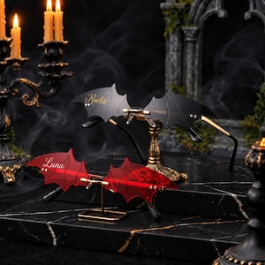 May include: Two pairs of rimless sunglasses shaped like bat wings. One pair is black with the word Noctis in gold script, and the other is red with the word Luna in white script. Both feature thin gold-toned metal arms and nose bridges.
