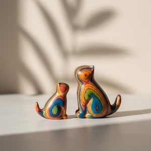 May include: Two wooden cat figurines in a sitting position. The cats are painted with vibrant colors, including red, yellow, blue, and green, in a striped pattern. The figurines are on a white surface with a neutral background.
