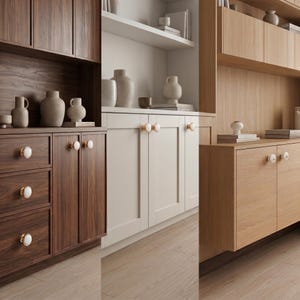 May include: A collection of round cabinet knobs featuring a white circular center surrounded by a metallic gold rim. These hardware pieces are installed on various wooden and painted cabinetry, including dark walnut, light oak, and cream-colored doors.