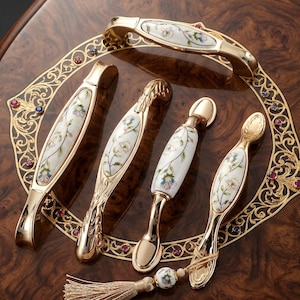 May include: Four gold-toned metal cabinet handles with white ceramic inserts featuring floral patterns in green, blue, and pink. The handles are arranged on a decorative gold-toned metal frame with small embedded red and blue stones.