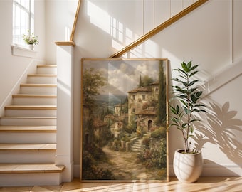 Toscaanse dorpsprint, stenen huizen op heuvels, Italiaanse landschapskunst (digitale download)