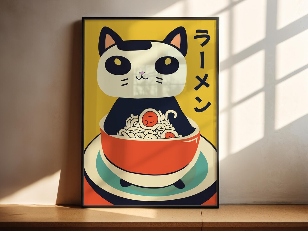 Japanese Cat Wall Art | Ramen Print | Black Cat Poster - Etsy