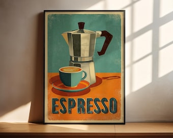 Póster de espresso / Decoración de pared retro para cocina / Lámina vintage de cafetera moka