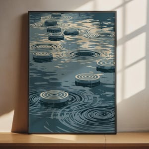 May include: A framed rectangular wall art print featuring a stylized illustration of circular stepping stones placed in dark blue water. The design depicts concentric ripple patterns radiating from each stone, rendered in shades of blue and cream.