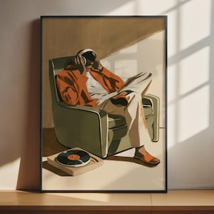 Vinyl Record Listener Poster | Man Headphones Wall Art | Mid Century Modern