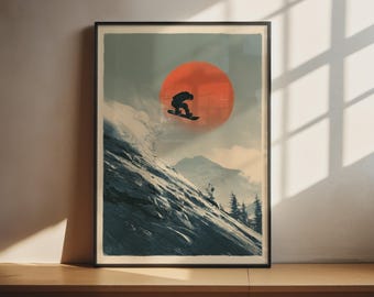 Snowboarder Wall Art | Retro Mountain Snow Print | Red Sun Alpine Poster