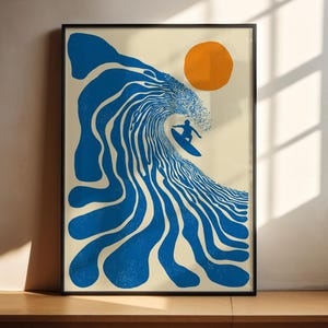 Plakat retro z motywem surfera | Sztuka ścienna z surferem | Wystrój w stylu vintage w stylu nadmorskim | Wydruk boho