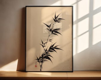 Bamboo Wall Art | Sumi-e Ink Print | Japanese Brush Poster | Black Botanical Painting | Zen Decor