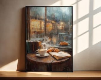 Rainy Cafe Poster | Cosy Coffee Shop Wall Art | Oil Painting Print | Dark Academia Decor