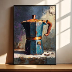 以下が含まれることがあります： 青と銅色のモカポットの額入りアートプリント。絵画は、筆致が見える、テクスチャのある抽象的なスタイルです。コーヒー豆がコーヒーポットの底の近くにいくつか散らばっています。