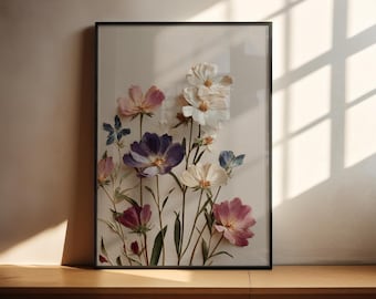 Pressed Flower Print | Pink White Wildflower Wall Art | Botanical Poster