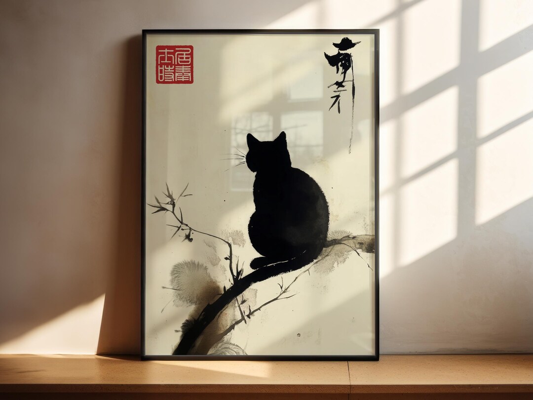 Black Cat Japanese Wall Art Print | Minimalist Zen Art | Lucky Cat ...