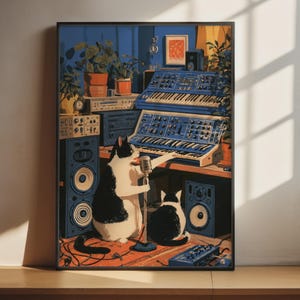 Könnte beinhalten: Ein gerahmter Kunstdruck, der zwei schwarz-weiße Katzen in einem Musikstudio zeigt. Eine Katze steht an einem silbernen Mikrofon und spielt einen blauen Synthesizer, während die andere daneben sitzt. Der Raum enthält große Lautsprecher und Pflanzen.