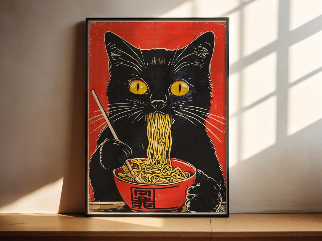 Japanese Cat Wall Art | Ramen Print | Black Cat Poster - Etsy