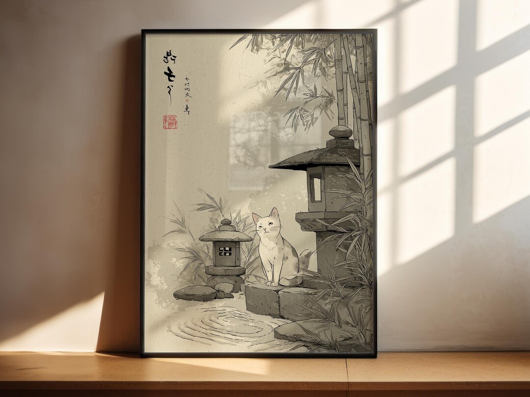 Japanese Cat Poster | White Cat Wall Art | Zen Garden Wall Art - Etsy UK