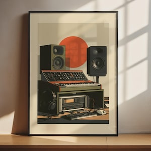 Póster de estudio de sintetizador retro / Arte mural de música analógica / Estilo moderno de mediados de siglo