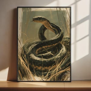 Coiled Snake Wall Art | Dark Olive Painterly Wildlife Poster