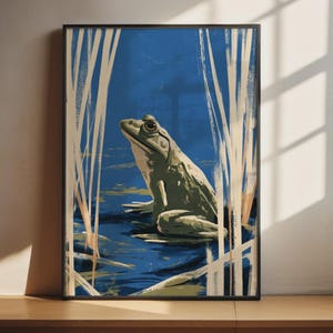 Frog Wall Art | Blue Vintage Illustration Pond Reeds | Nature Poster