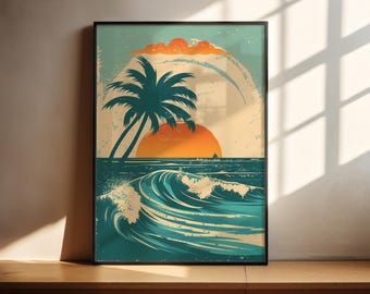 Vintage Beach Print | Sunset Wall Art | Retro Surf Poster | Coastal Decor