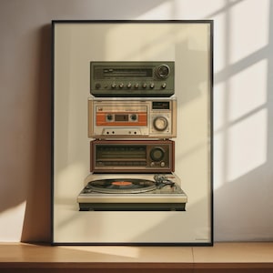 Retro Stereo Poster | Vintage Hi Fi Wall Art | Turntable Music Room Decor | Mid Century Art