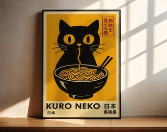 Arte mural de gato japonés / Impresión de ramen / Póster de gato negro