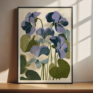 以下が含まれることがあります： 薄紫、濃い青、クリーム色のパンジーの花の植物画が描かれた額装アートプリント。淡いベージュの背景に、細い茎と丸みを帯びた緑の葉が配置されています。