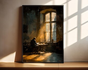 Dark Academia Wall Art | Man Reading Poster | Moody Oil Painting Print