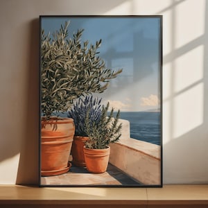 Mediterranean Terrace wall art | Olive Tree Terracotta Pots | Coastal Sea View Poster