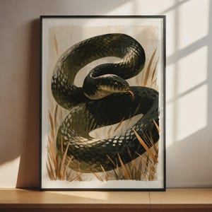 Slangenmuurdecoratie | Donker olijfgroene vintage illustratie van een opgerolde slang poster