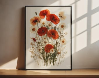 Arte mural de amapolas prensadas y flores silvestres / Póster botánico de margaritas rojas