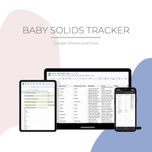 Puede incluir: Un rastreador digital de alimentos sólidos para bebés que se muestra en una computadora portátil, una tableta y un teléfono inteligente. El texto "Baby Solids Tracker" y "Google Sheets and Excel" son visibles. Las pantallas muestran una hoja de cálculo.