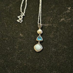 Silver Pearl Topaz and Larimar Dangle Pendant Necklace