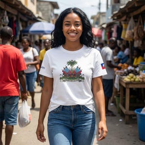 Haitian Coat of Arms T-Shirt | L'Union Fait La Force Tee, Haiti Flag Sleeve