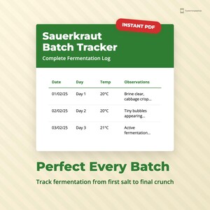Sauerkraut Fermentation Tracker | Batch Log, Gut Health (Printable PDF A4/Letter Size)
