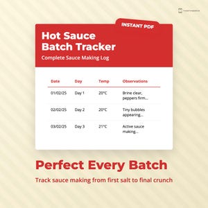 Könnte beinhalten: Ein rot-weißes PDF "Hot Sauce Batch Tracker". Das Dokument enthält eine Tabelle zur Protokollierung des Fortschritts der Soßenherstellung mit Feldern für Datum, Tag, Temperatur und Beobachtungen. Der Text "Perfect Every Batch" steht unten.