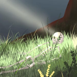 May include: An illustration of a skeleton lying in a grassy field. The skeleton is white, and the grass is green. The background features a dark, cloudy sky with beams of light shining through.