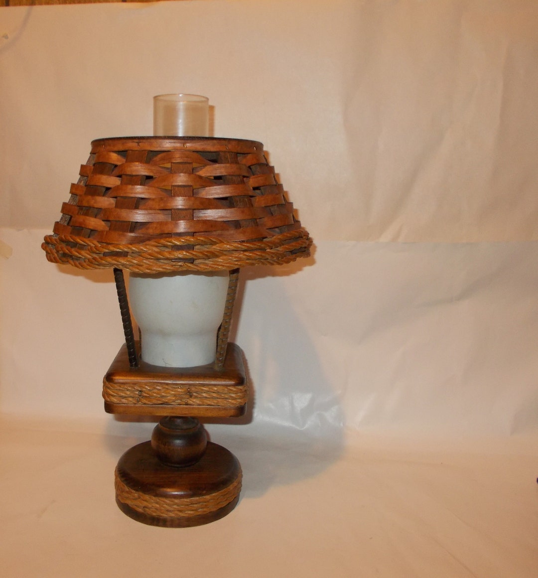 Vintage Wood Candlestick Lamp With Basket Weave Shade and Etsy