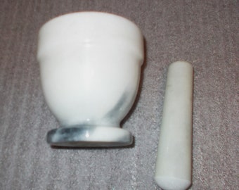 Marble Mortar and Pestle is White with Grey Veining Kitchen Gadget That Sets Nicely on a Pedestal Base