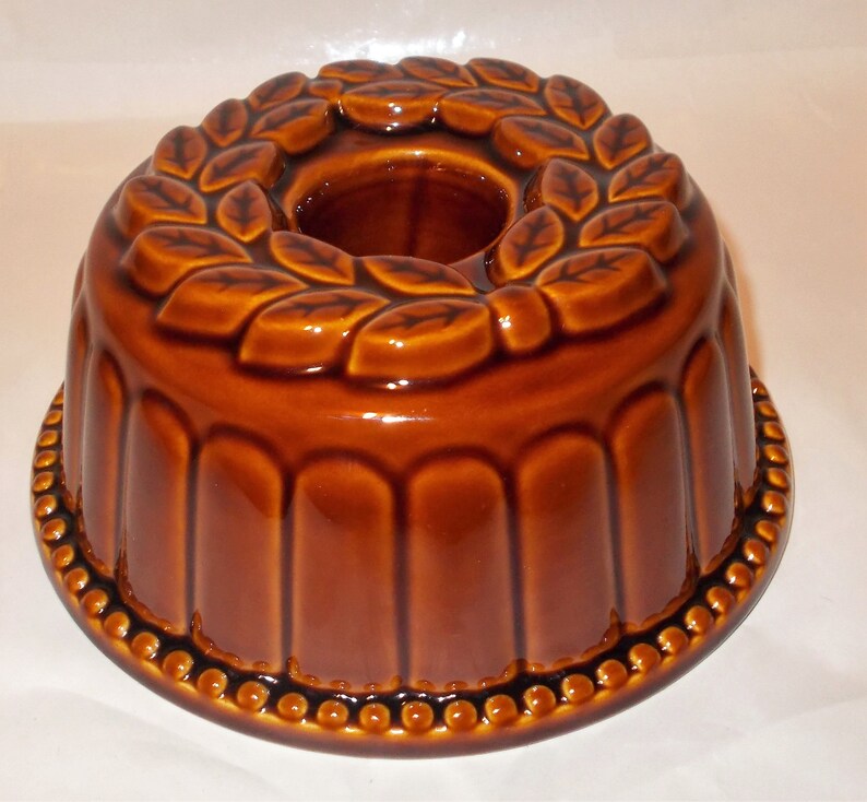 Vintage Stoneware Bundt Cake Mold with Embossed Leaves is a Baking Mold for Cake Jello Jelly Pudding and More