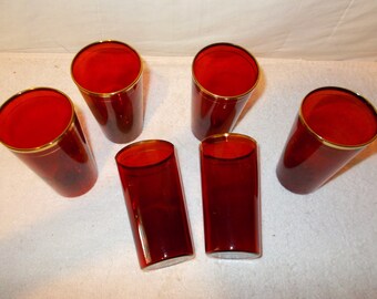 Vintage Royal Ruby Glass Tumblers with Gold Band are a Set of Six Anchor Hocking Drinking Glasses