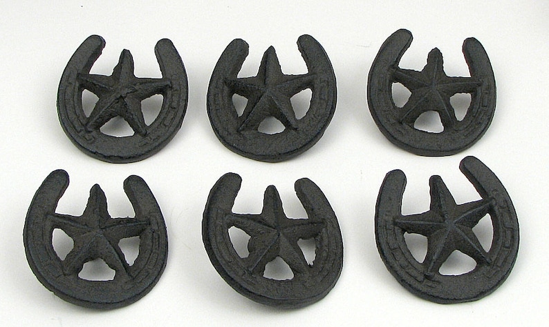 Horseshoe /& Star Pull Knob Is Texas Decor Hardware For An Old West Farm Kitchen Or Furniture Project SIX Cast Iron Star In Lucky Horseshoe