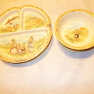 Peter Cottontail Rabbit Melamine Bowl and Plate with Soft Rubber Riser is Baby Feeding Dinnerware