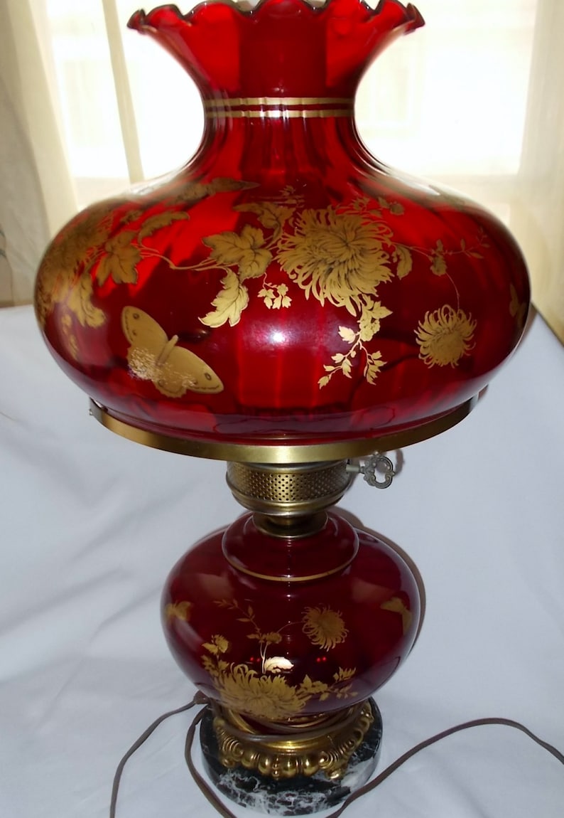 Fenton GWTW Lamp Ruby Red Glass Gold Butterfly Chrysanthemums Etsy